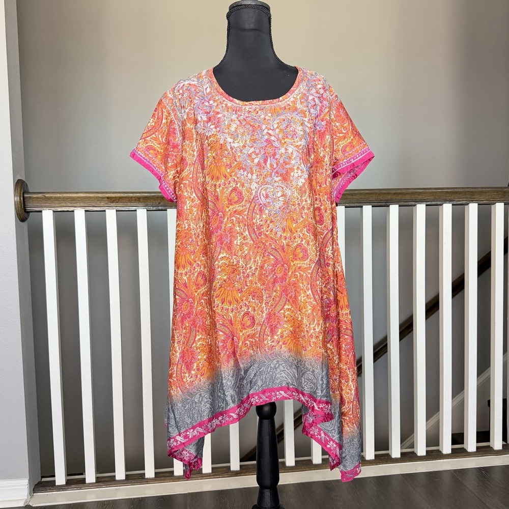 Love Kyla Paisley Embroidered Silk Blend Handkerchief Tunic Blouse Large Boho